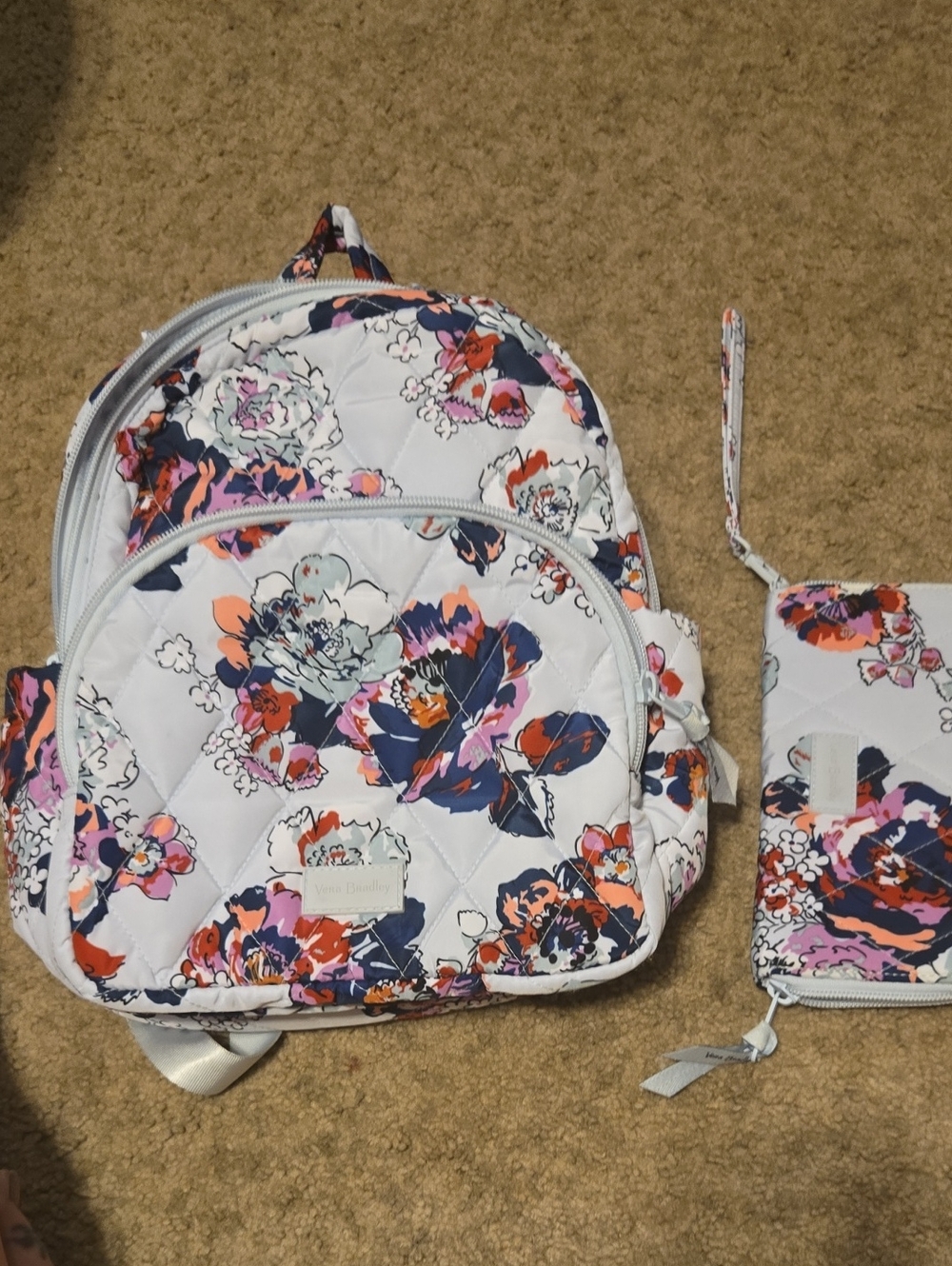 Kids Floral Quilted Backpack and Wristlet - White with Navy & Pink